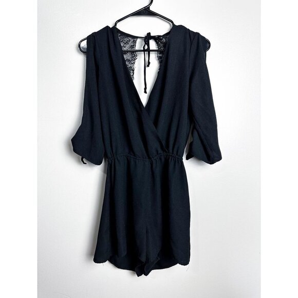 Bebop Lace Open Back Cold Shoulder V Neck Romper Jumpsuit Black Womens Small - Picture 1 of 8